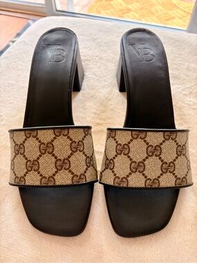 Vintage Boho Upcycled Gucci Brown GG Canvas Block Heel Slide Sandals